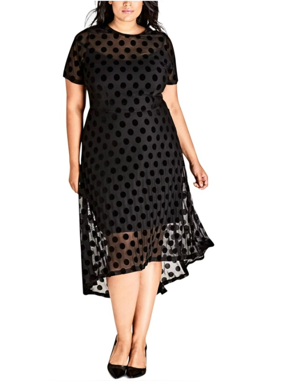 City Chic Spot Flock Polka Dot Sheer Overlay Slip High Low Dress in Black NWT